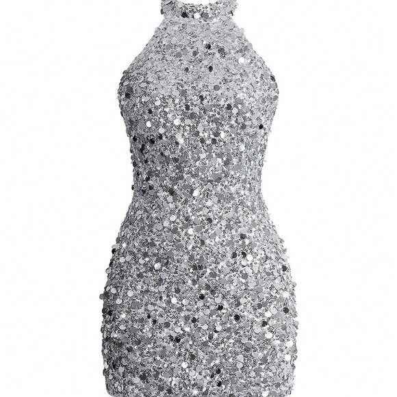 Silver Elegant Women's halter Collar Sexy Sleeveless ho9lidaySequin - Picture 6 of 11